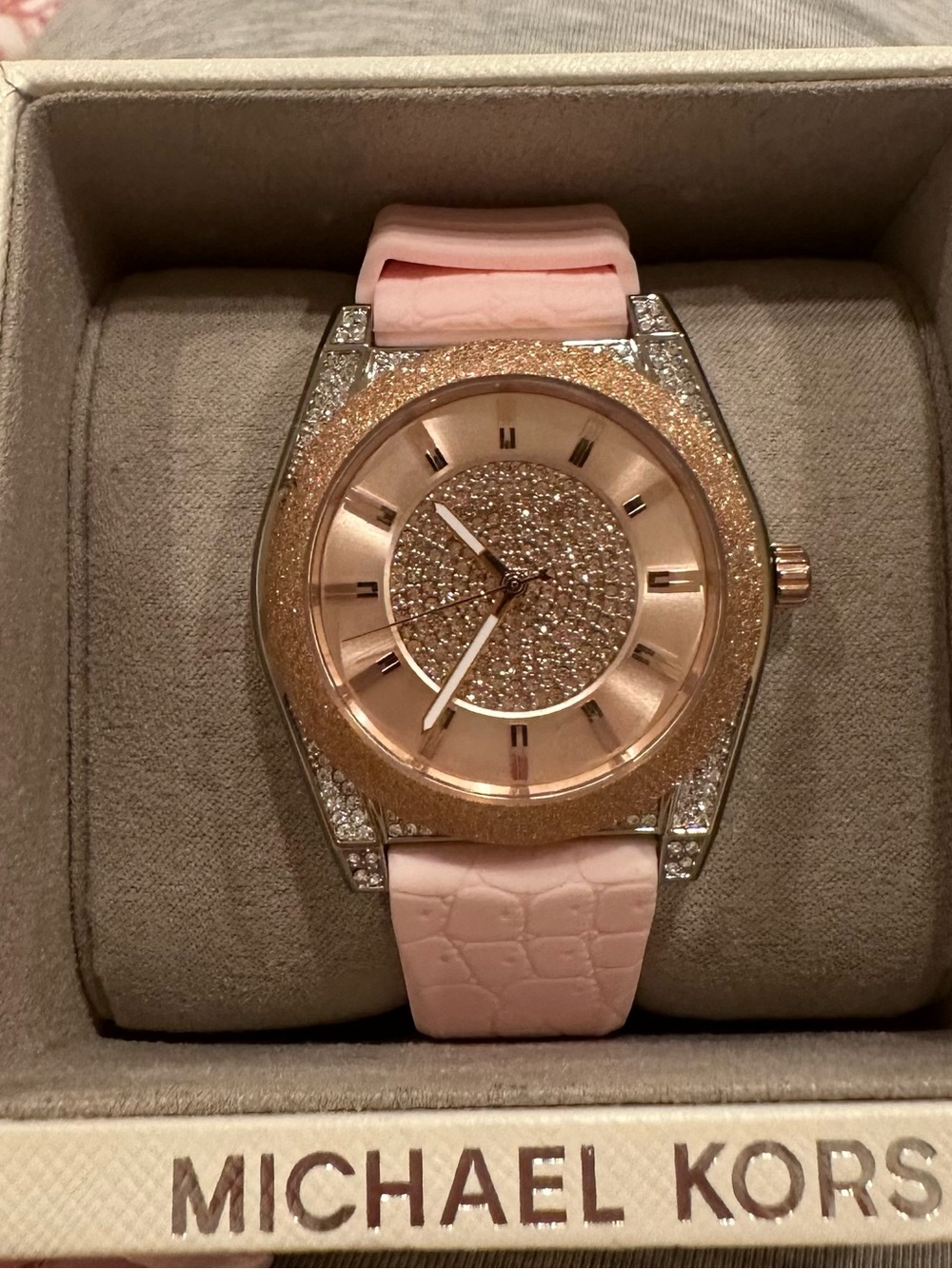 Michael Kors MK6704 Pink Glitter Crystal Watch Rose Gold NWT